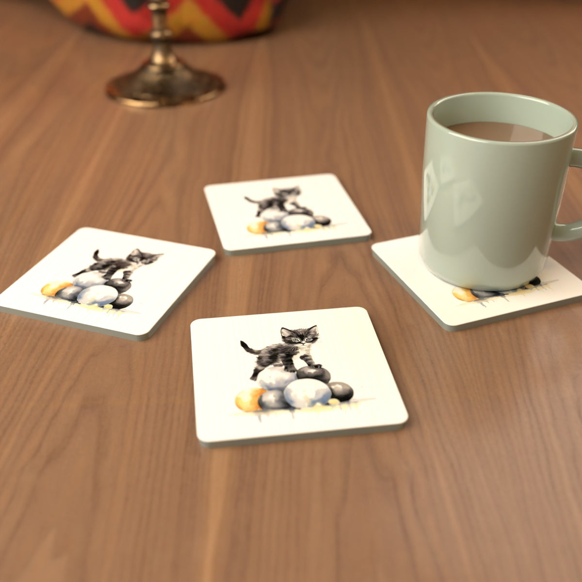 Black Kitten on a Pile of Balls Square Glass Coasters – Set of 6 – cosy lifestyle mockup