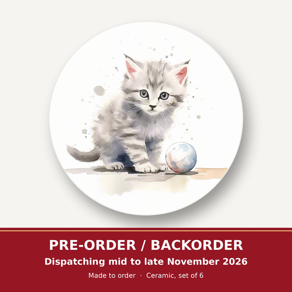 Grey Tabby Kitten with a Ball round ceramic coaster set of 6 – pre-order / backorder, dispatching mid to late November 2026
