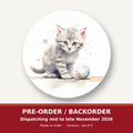 Grey Tabby Kitten with a Ball round ceramic coaster set of 6 – pre-order / backorder, dispatching mid to late November 2026