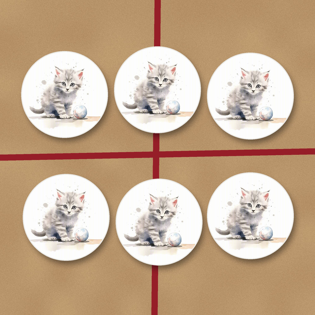 Grey Tabby Kitten with a Ball round ceramic coasters on kraft gift wrap