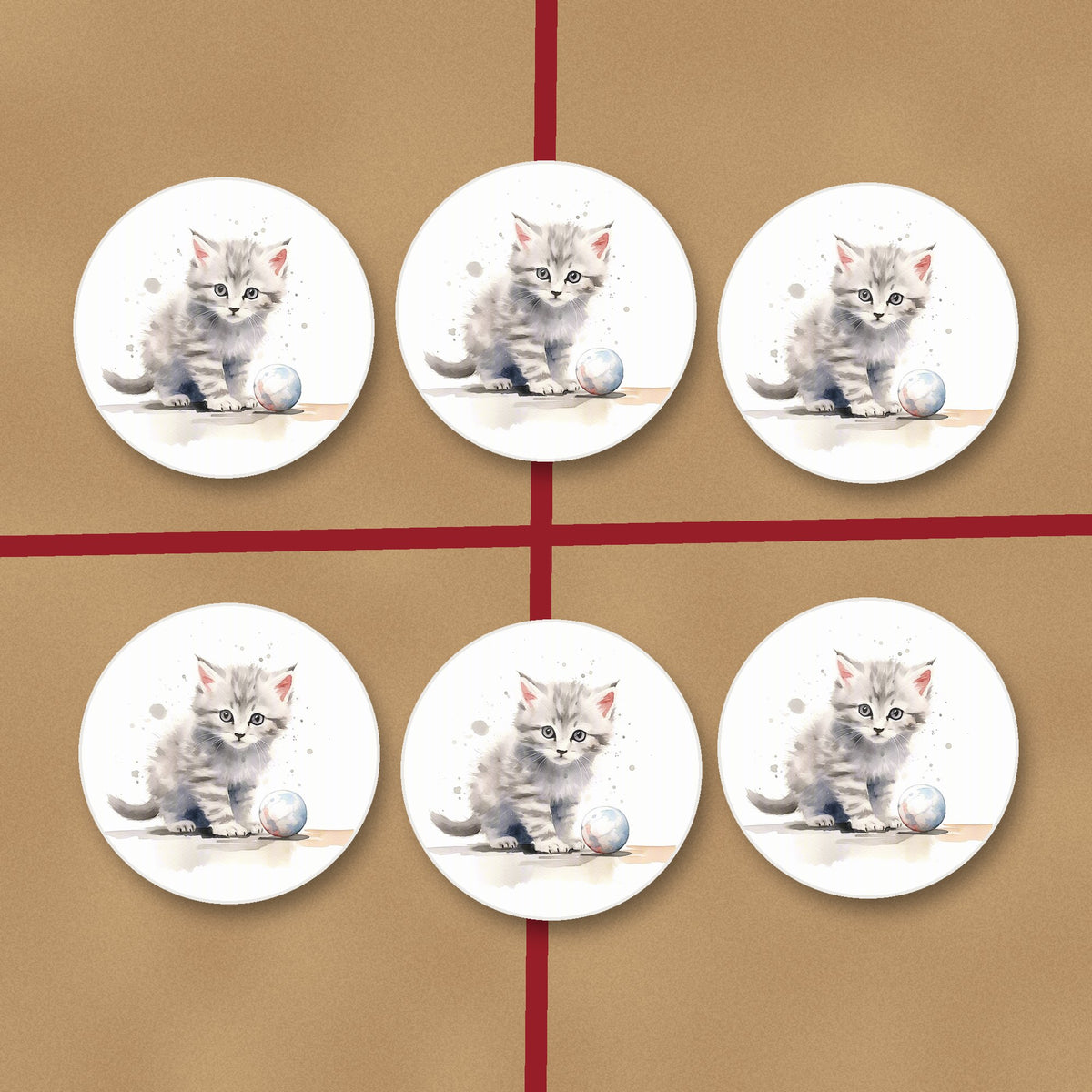 Grey Tabby Kitten with a Ball round ceramic coasters on kraft gift wrap