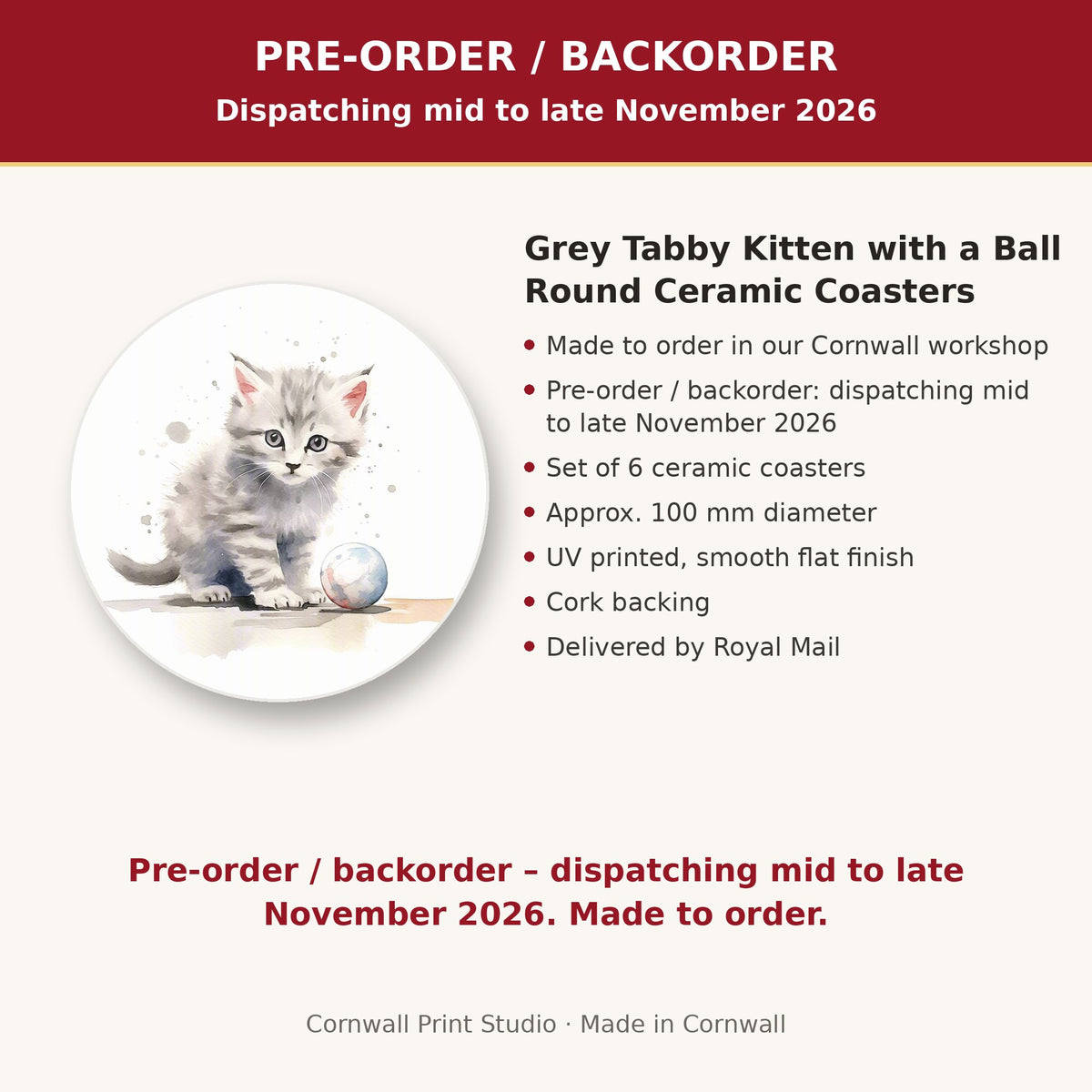 Info card: Grey Tabby Kitten with a Ball Round Ceramic Coasters – Set of 6, made to order, dispatching mid to late November 2026, delivered by Royal Mail