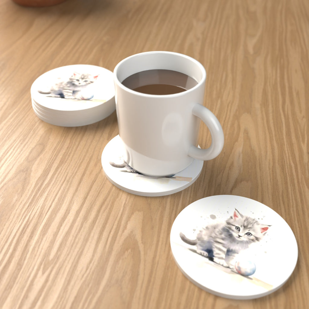 Grey Tabby Kitten with a Ball Round Ceramic Coasters – Set of 6 – lifestyle mockup with a mug of coffee