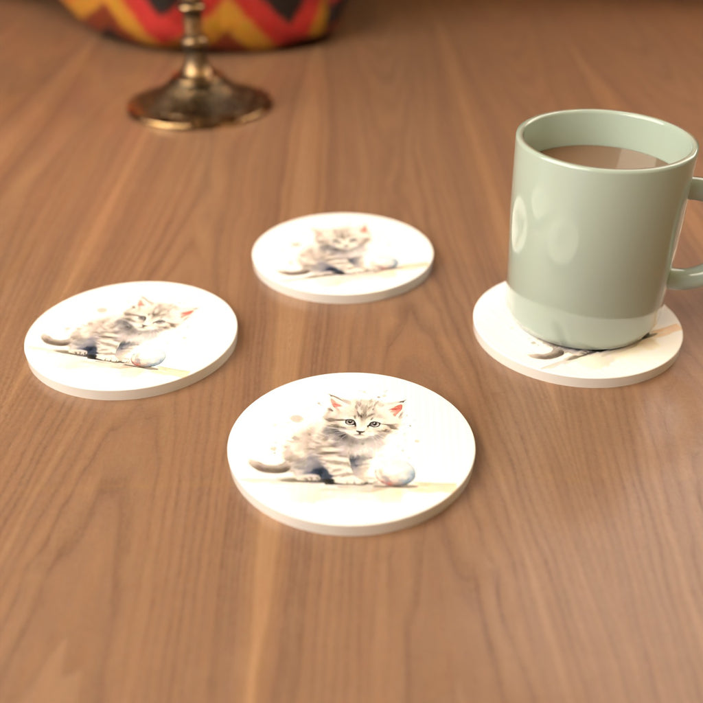 Grey Tabby Kitten with a Ball Round Ceramic Coasters – Set of 6 – cosy lifestyle mockup
