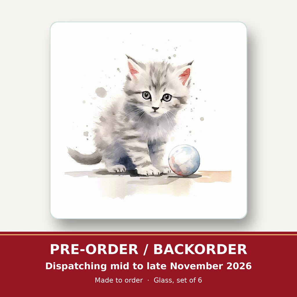 Grey Tabby Kitten with a Ball square glass coaster set of 6 – pre-order / backorder, dispatching mid to late November 2026
