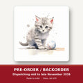Grey Tabby Kitten with a Ball square glass coaster set of 6 – pre-order / backorder, dispatching mid to late November 2026