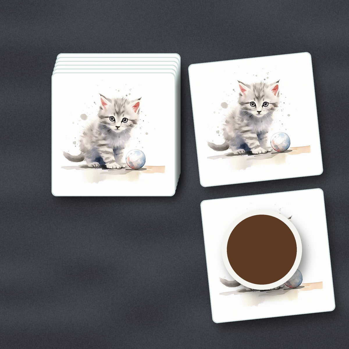 Grey Tabby Kitten with a Ball square glass coasters stacked on a slate kitchen worktop