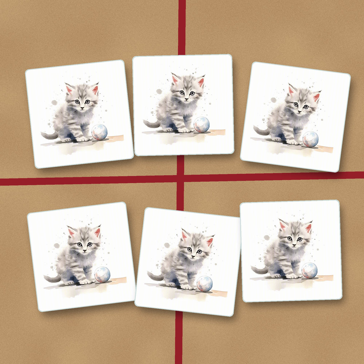 Grey Tabby Kitten with a Ball square glass coasters on kraft gift wrap