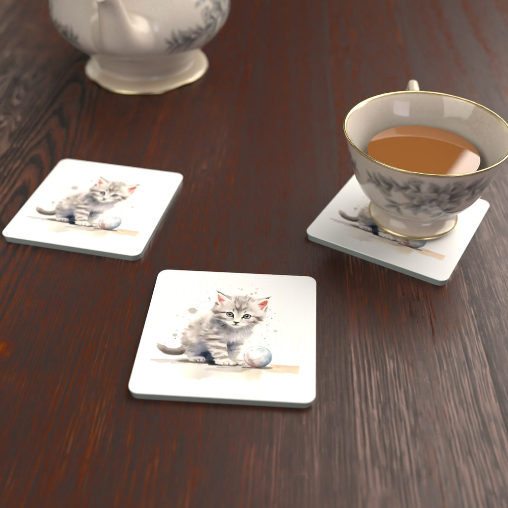 Grey Tabby Kitten with a Ball Square Glass Coasters – Set of 6 – lifestyle mockup with a teacup