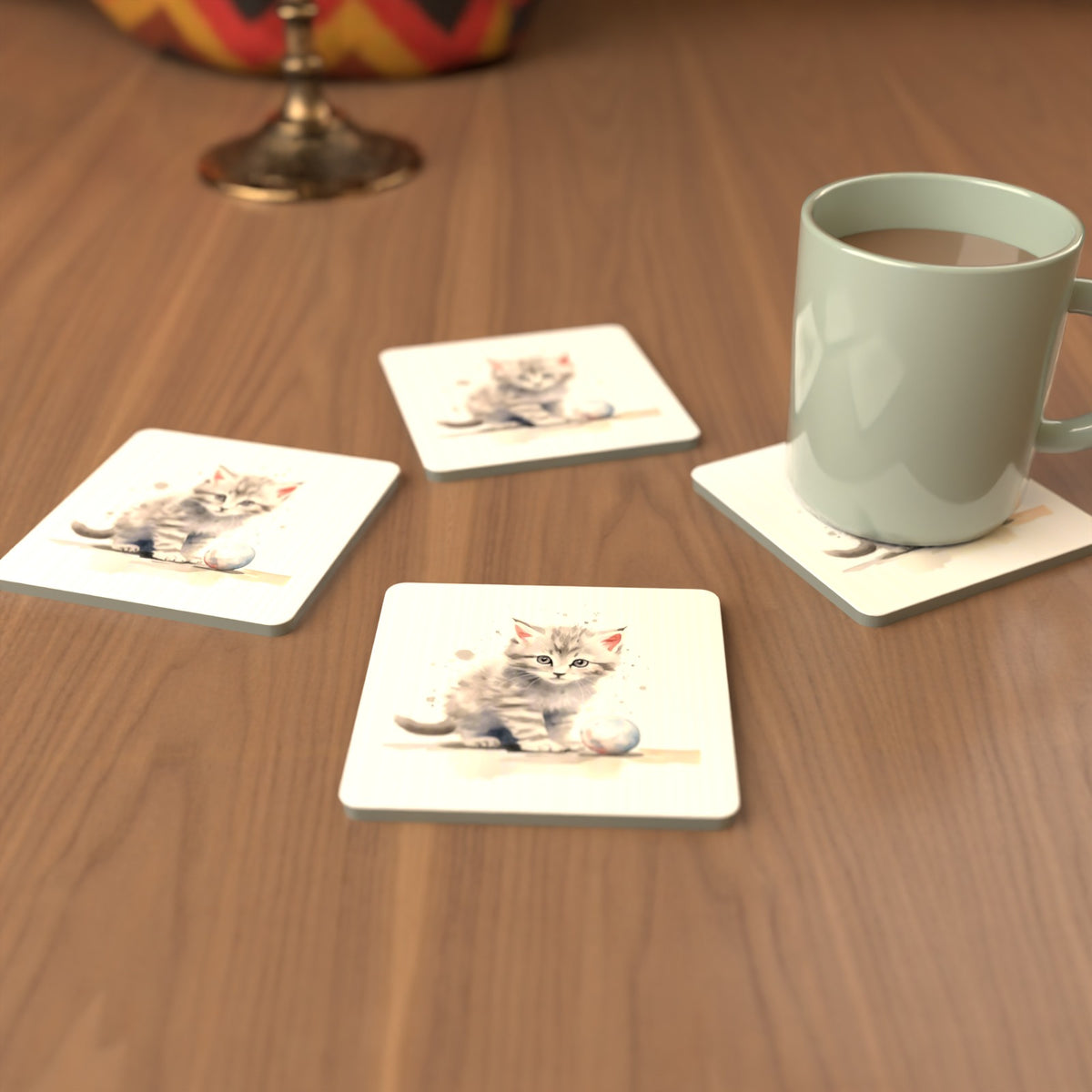 Grey Tabby Kitten with a Ball Square Glass Coasters – Set of 6 – cosy lifestyle mockup