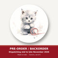White Kitten with Yarn round ceramic coaster set of 6 – pre-order / backorder, dispatching mid to late November 2026
