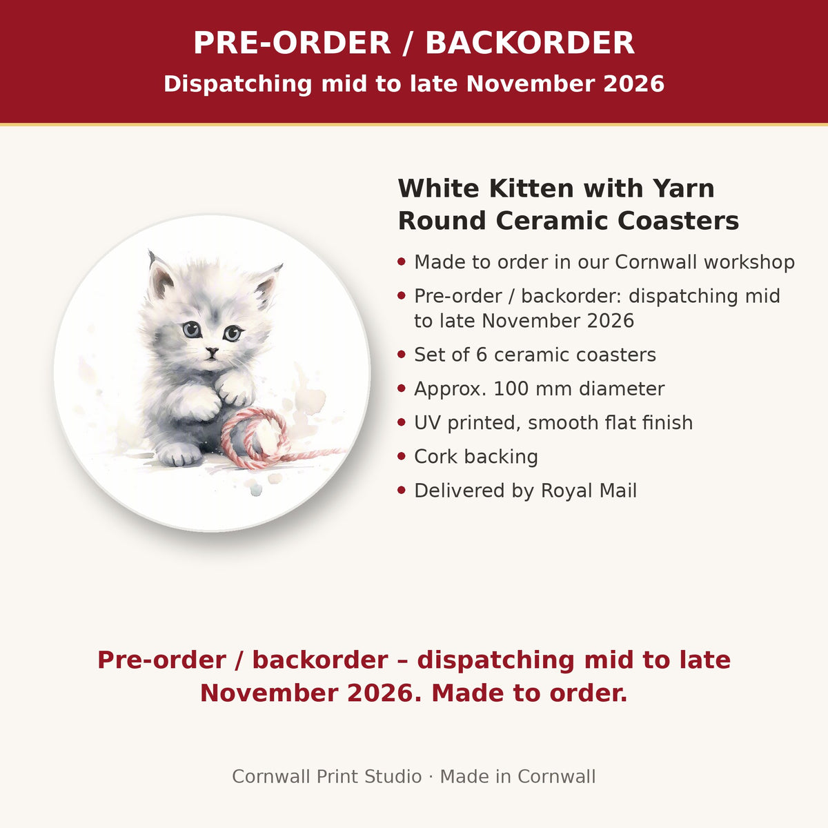Info card: White Kitten with Yarn Round Ceramic Coasters – Set of 6, made to order, dispatching mid to late November 2026, delivered by Royal Mail