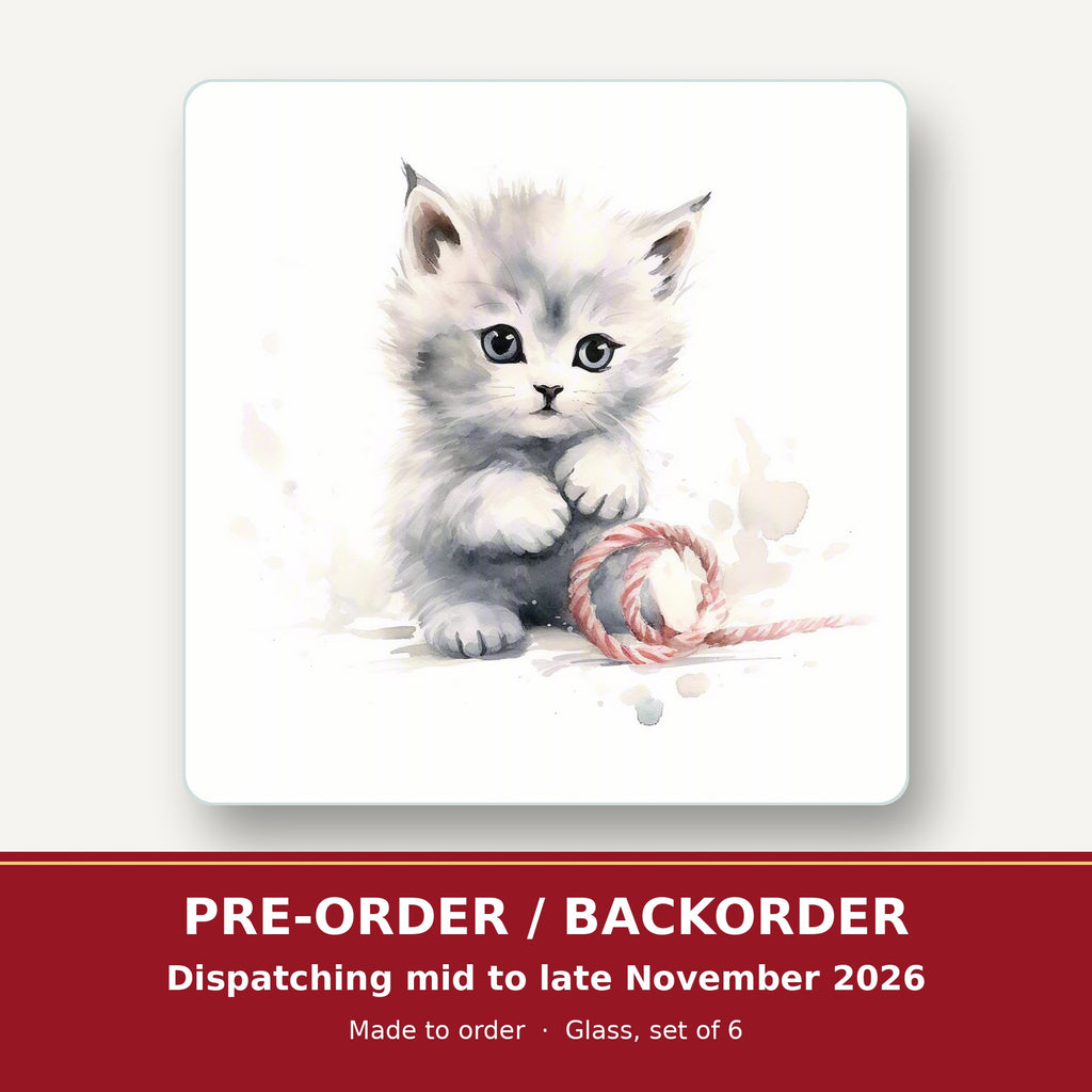 White Kitten with Yarn square glass coaster set of 6 – pre-order / backorder, dispatching mid to late November 2026