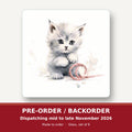 White Kitten with Yarn square glass coaster set of 6 – pre-order / backorder, dispatching mid to late November 2026