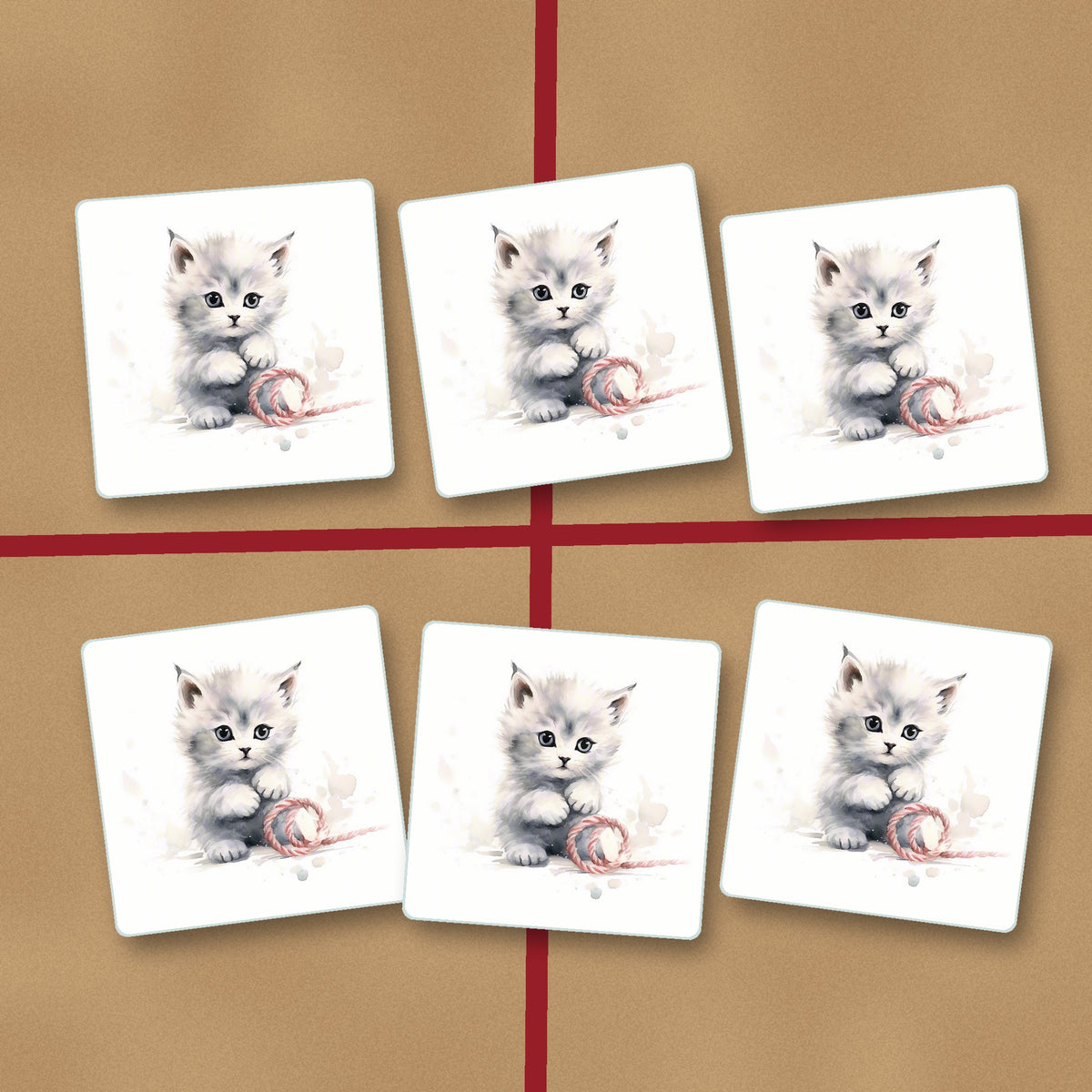 White Kitten with Yarn square glass coasters on kraft gift wrap