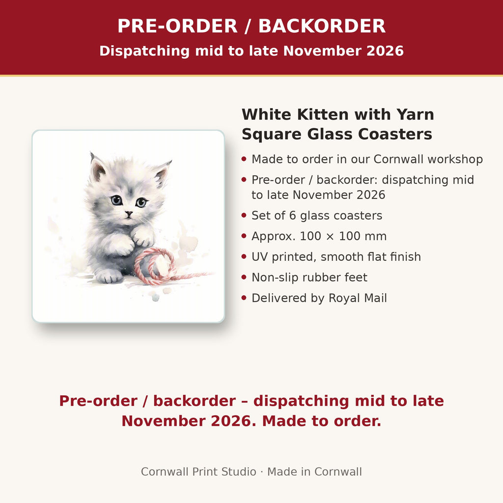 Info card: White Kitten with Yarn Square Glass Coasters – Set of 6, made to order, dispatching mid to late November 2026, delivered by Royal Mail