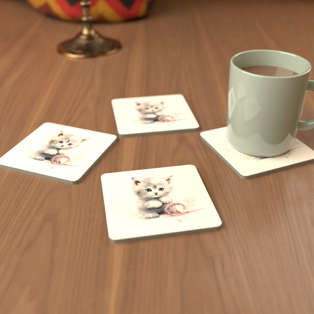 White Kitten with Yarn Square Glass Coasters – Set of 6 – cosy lifestyle mockup