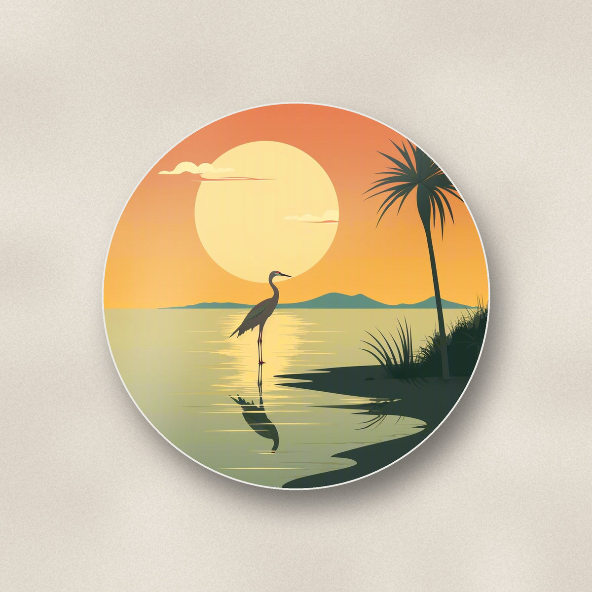 Close-up of one heron at sunset round ceramic coaster, flat UV print