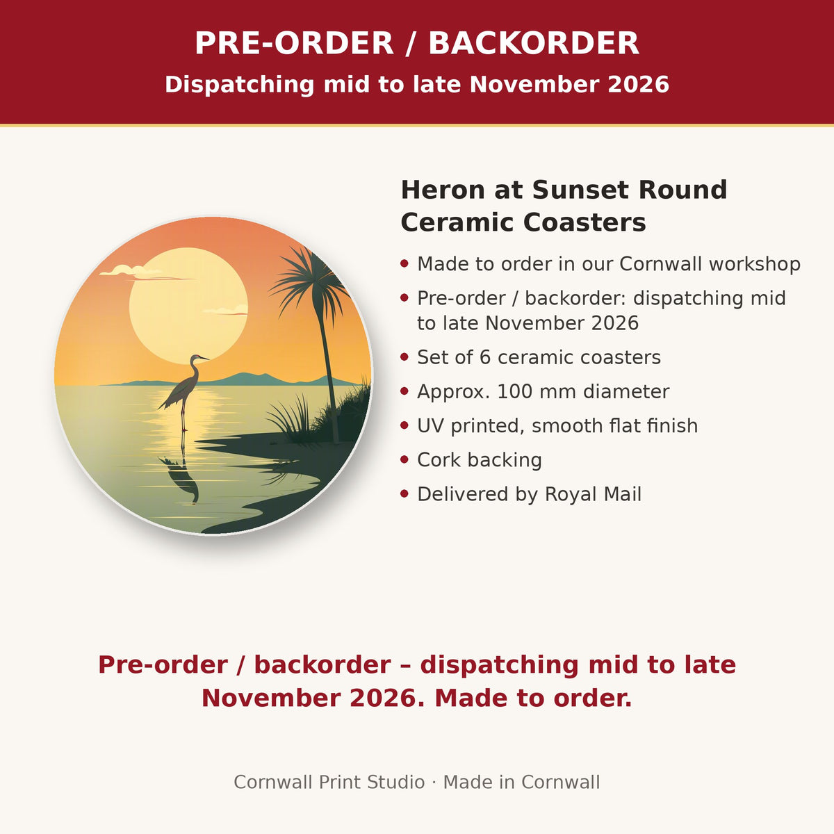 Info card: Heron at Sunset Round Ceramic Coasters – Set of 6, made to order, dispatching mid to late November 2026, delivered by Royal Mail
