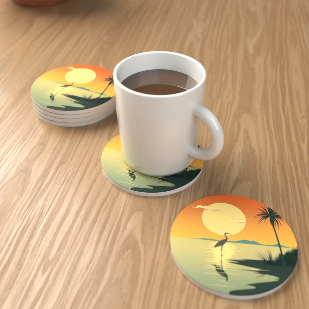 Heron at Sunset Round Ceramic Coasters – Set of 6 – lifestyle mockup with a mug of coffee