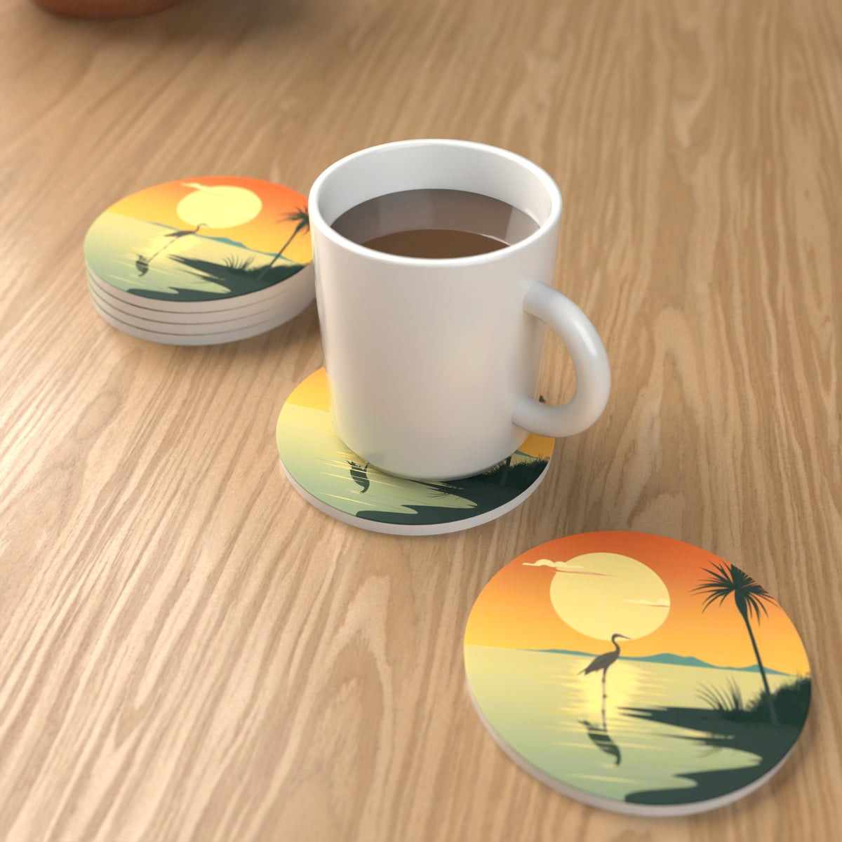 Heron at Sunset Round Ceramic Coasters – Set of 6 – lifestyle mockup with a mug of coffee