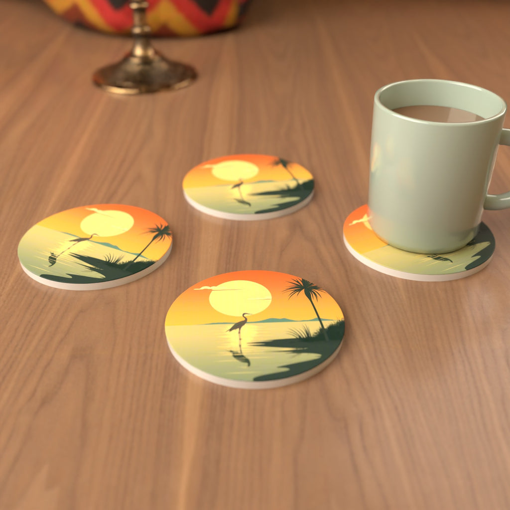 Heron at Sunset Round Ceramic Coasters – Set of 6 – cosy lifestyle mockup