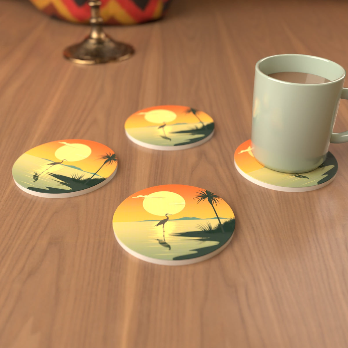 Heron at Sunset Round Ceramic Coasters – Set of 6 – cosy lifestyle mockup