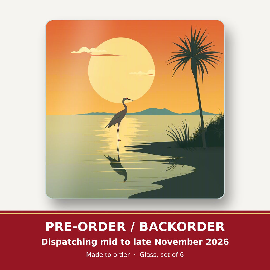 Heron at Sunset square glass coaster set of 6 – pre-order / backorder, dispatching mid to late November 2026