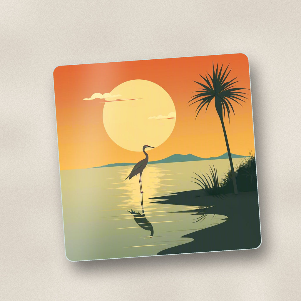 Close-up of one heron at sunset square glass coaster, flat UV print