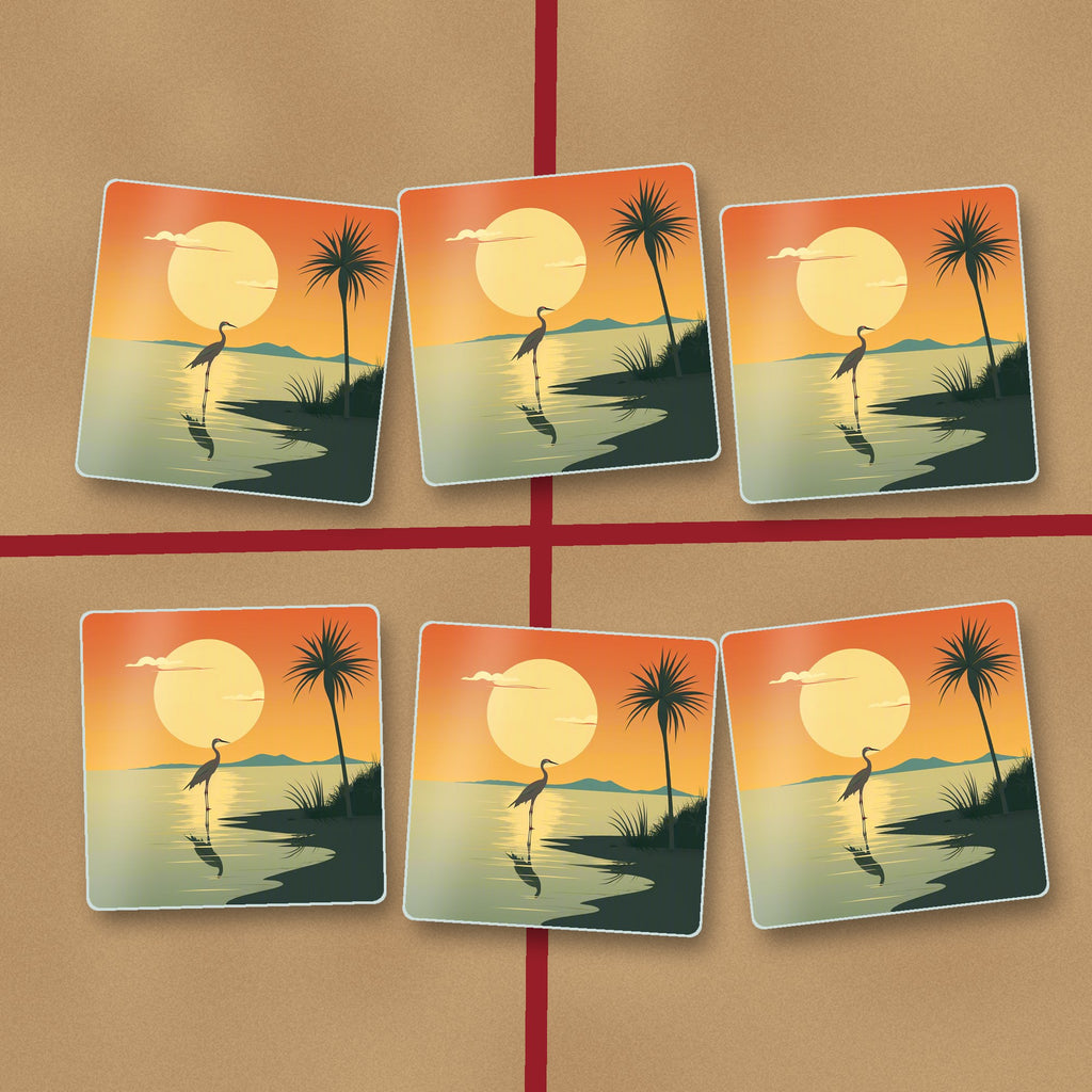 Heron at Sunset square glass coasters on kraft gift wrap