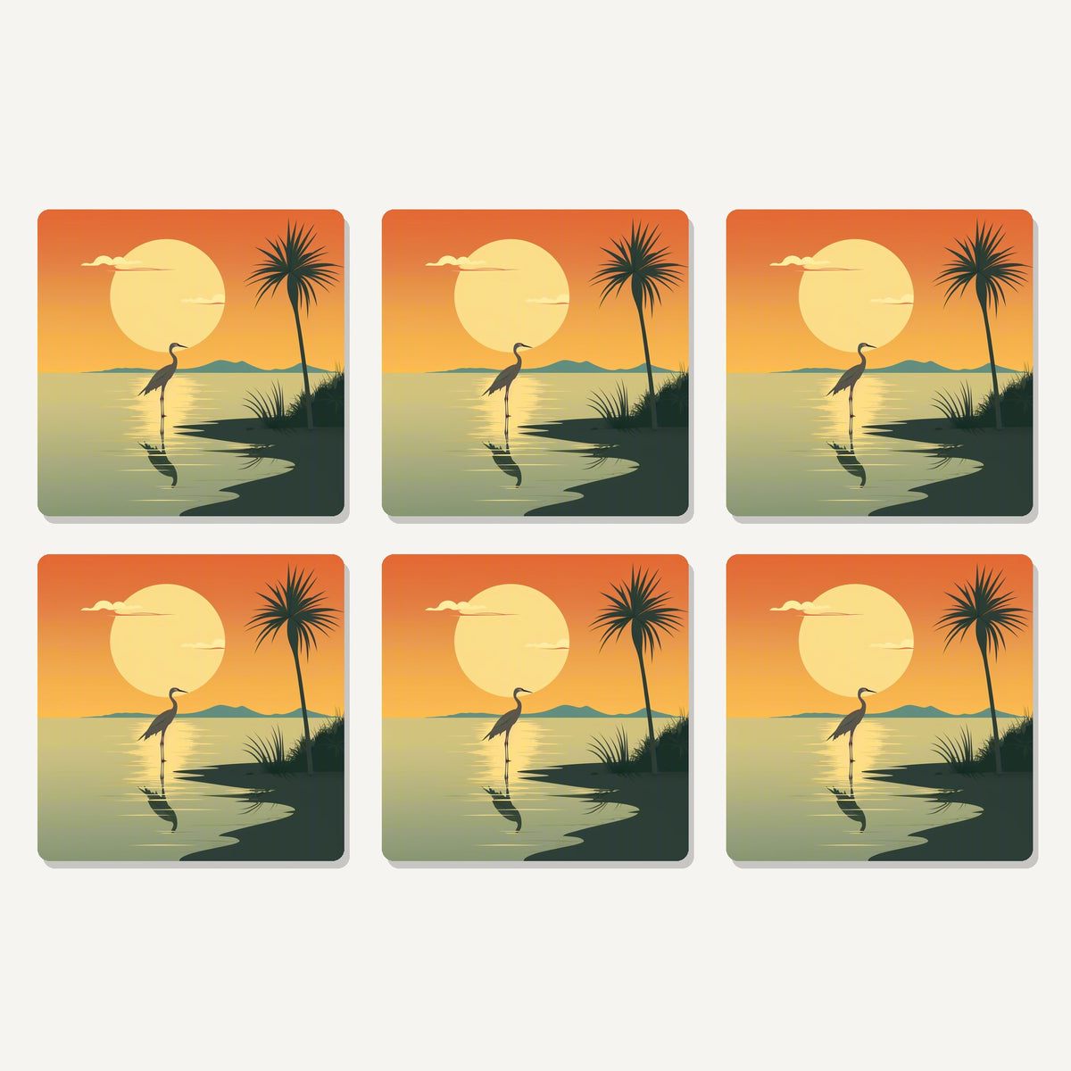 Flat lay of the heron at sunset artwork on six square coasters