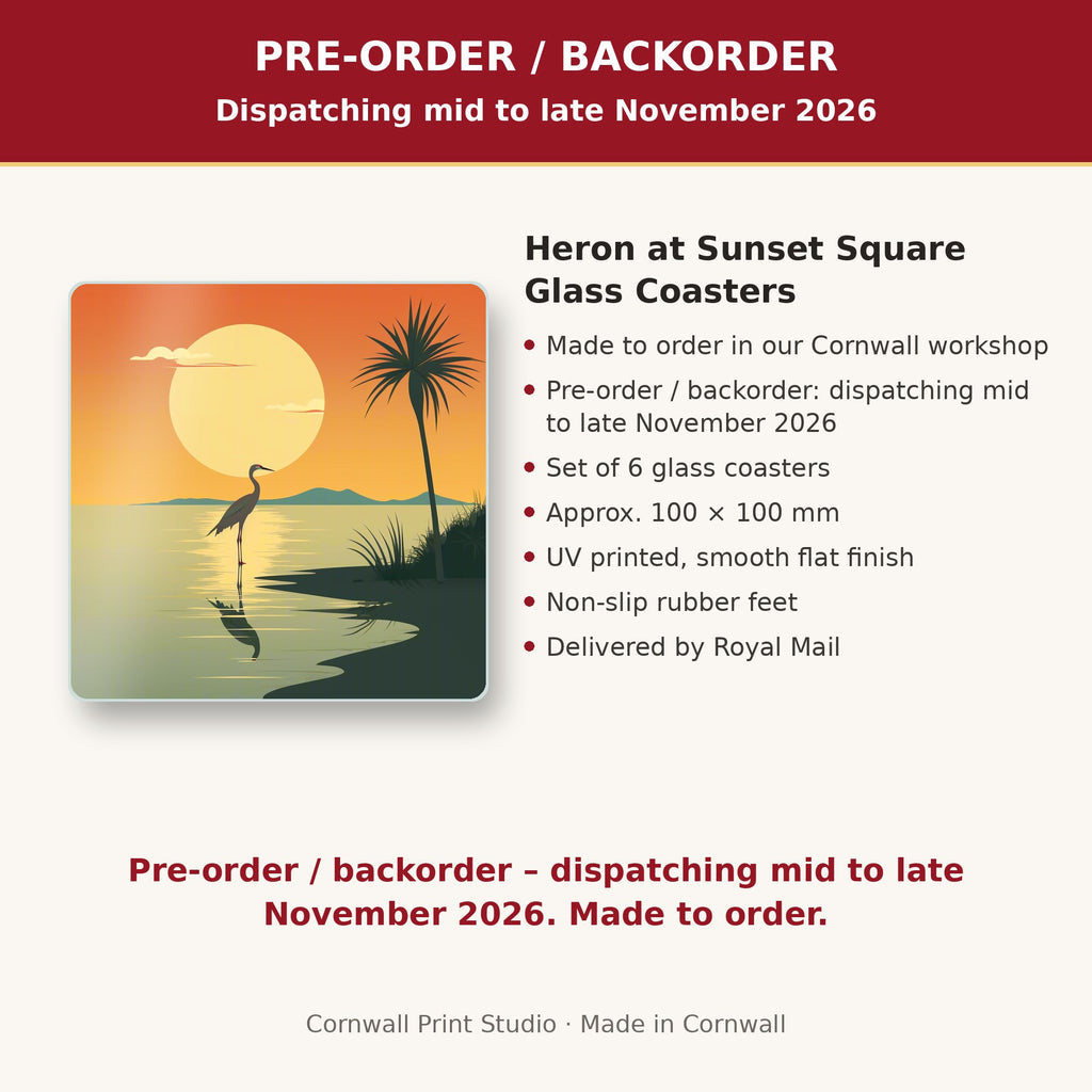 Info card: Heron at Sunset Square Glass Coasters – Set of 6, made to order, dispatching mid to late November 2026, delivered by Royal Mail