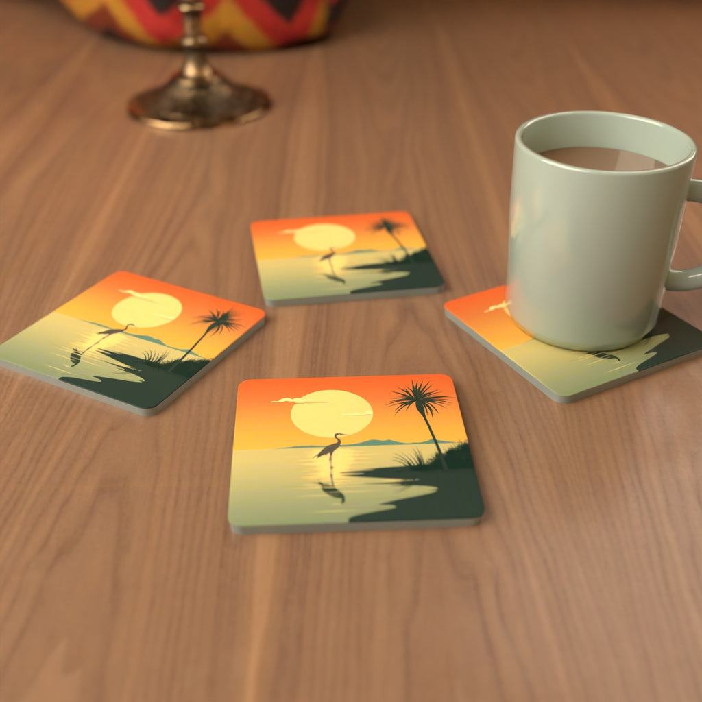 Heron at Sunset Square Glass Coasters – Set of 6 – cosy lifestyle mockup