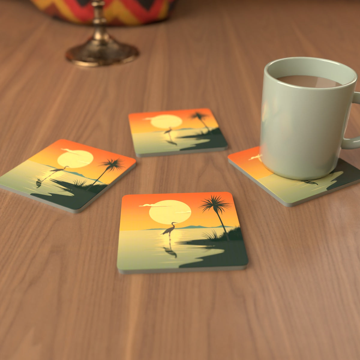 Heron at Sunset Square Glass Coasters – Set of 6 – cosy lifestyle mockup