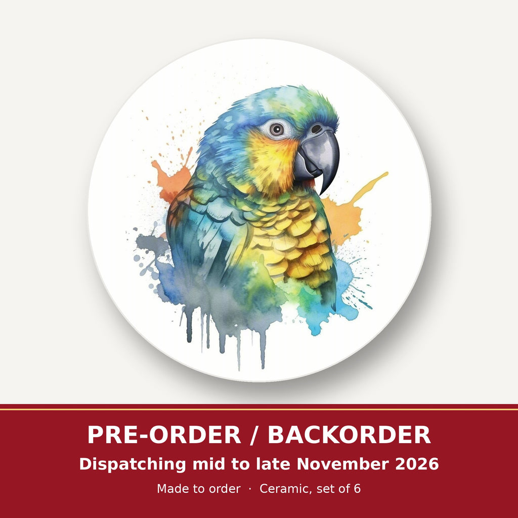 Watercolour Parrot round ceramic coaster set of 6 – pre-order / backorder, dispatching mid to late November 2026