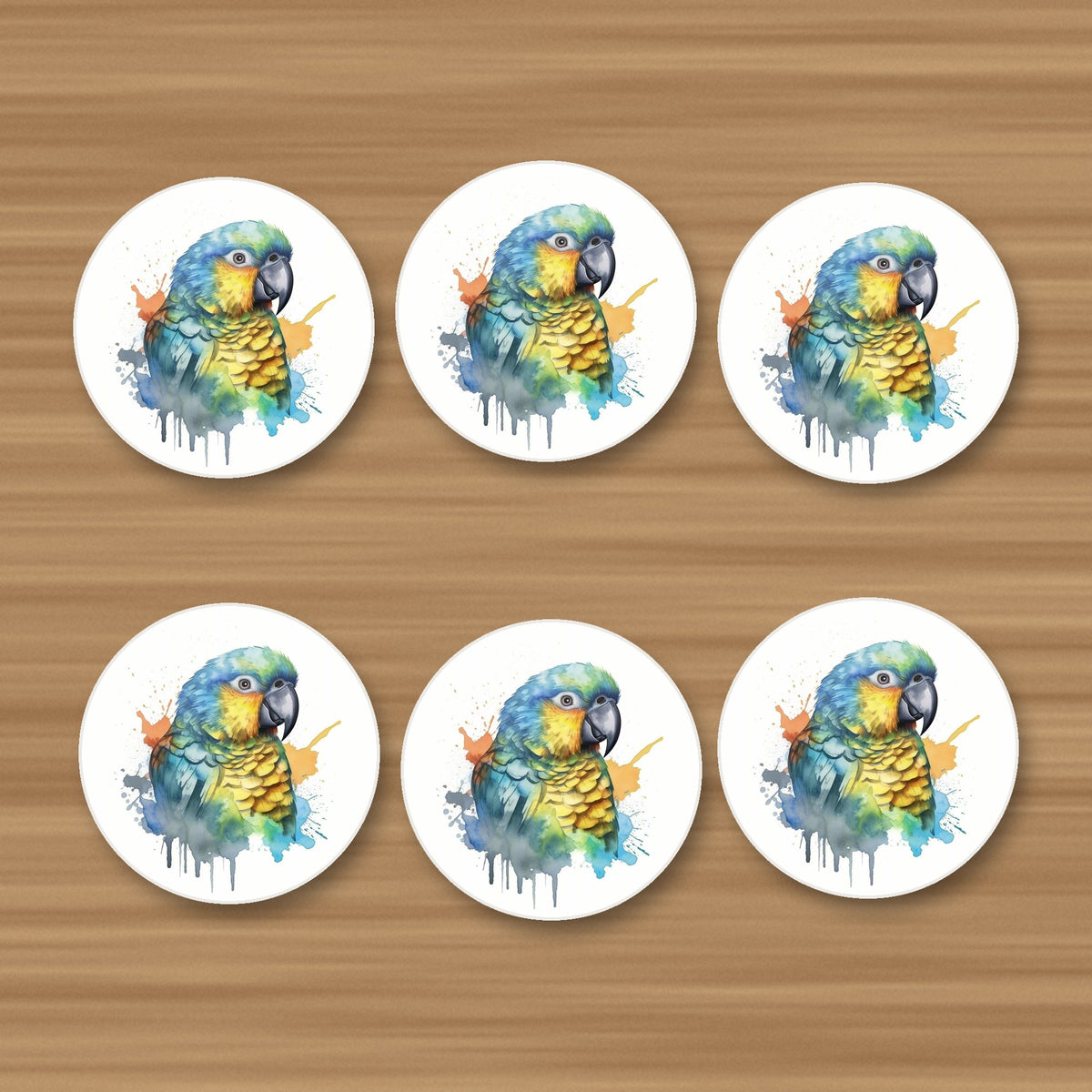 Watercolour Parrot round ceramic coasters, set of 6, on an oak coffee table