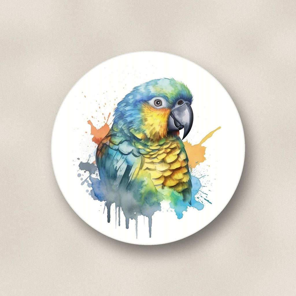Close-up of one watercolour parrot round ceramic coaster, flat UV print