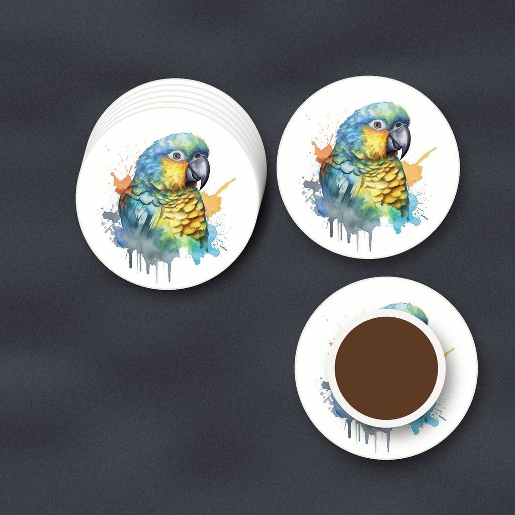 Watercolour Parrot round ceramic coasters stacked on a slate kitchen worktop