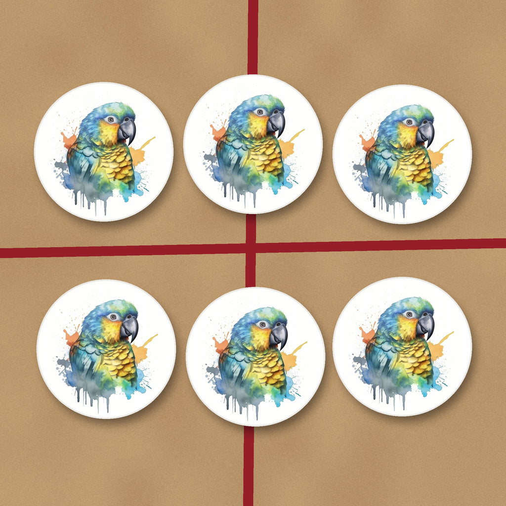 Watercolour Parrot round ceramic coasters on kraft gift wrap
