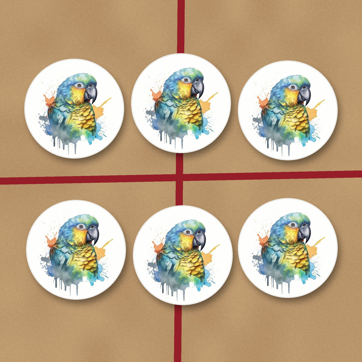 Watercolour Parrot round ceramic coasters on kraft gift wrap