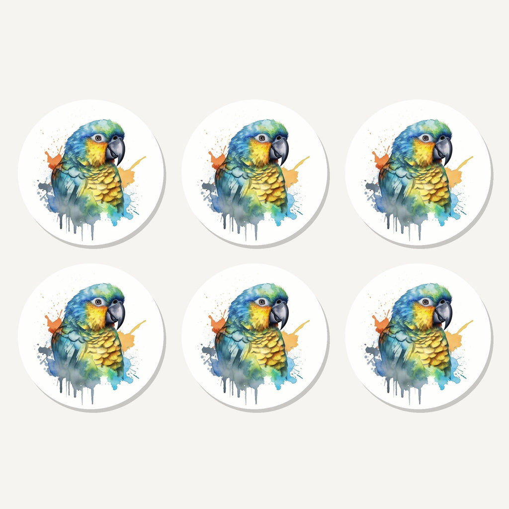 Flat lay of the watercolour parrot artwork on six round coasters