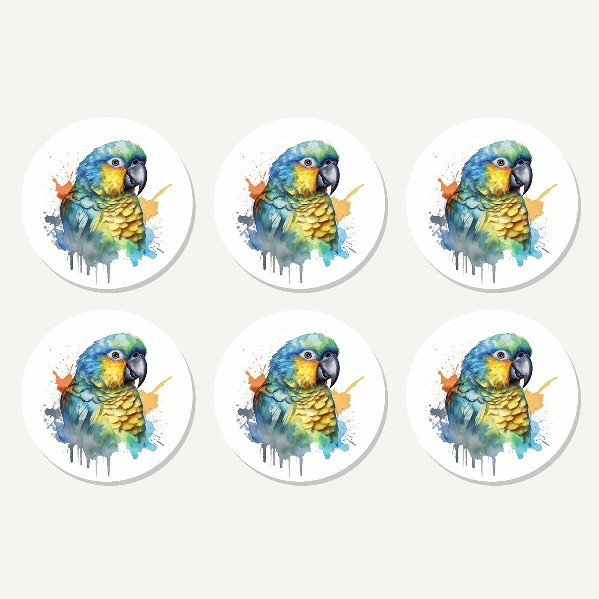 Flat lay of the watercolour parrot artwork on six round coasters