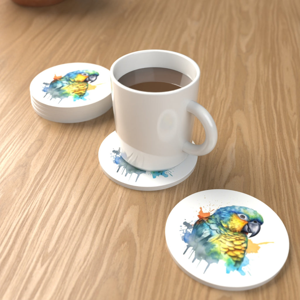 Watercolour Parrot Round Ceramic Coasters – Set of 6 – lifestyle mockup with a mug of coffee