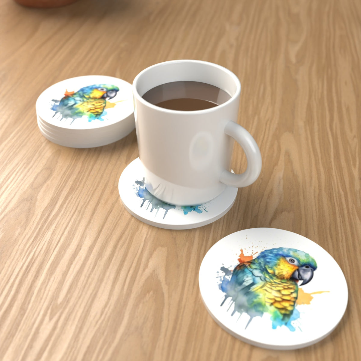 Watercolour Parrot Round Ceramic Coasters – Set of 6 – lifestyle mockup with a mug of coffee