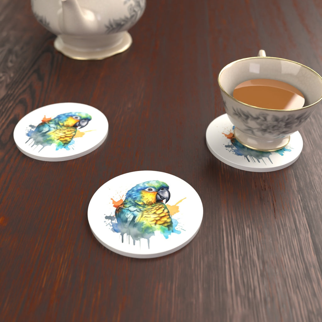 Watercolour Parrot Round Ceramic Coasters – Set of 6 – lifestyle mockup with a teacup