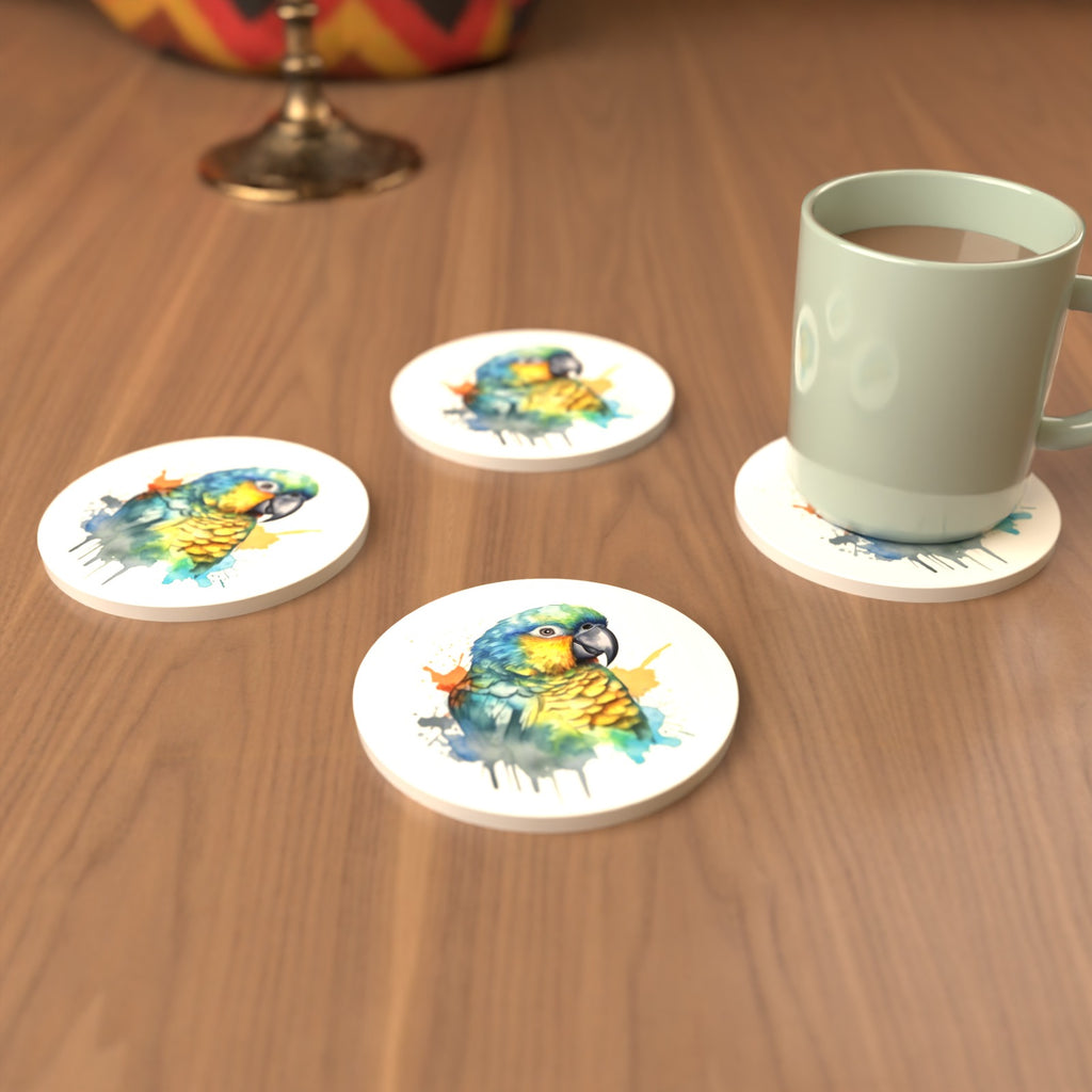 Watercolour Parrot Round Ceramic Coasters – Set of 6 – cosy lifestyle mockup