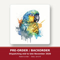 Watercolour Parrot square glass coaster set of 6 – pre-order / backorder, dispatching mid to late November 2026