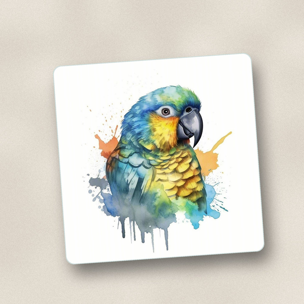 Close-up of one watercolour parrot square glass coaster, flat UV print