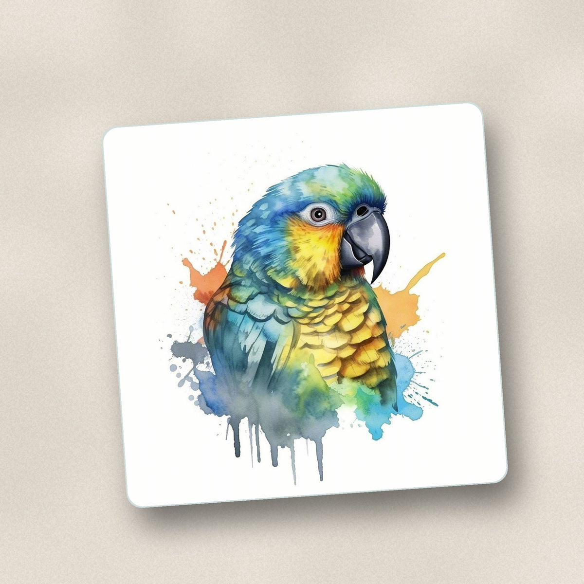 Close-up of one watercolour parrot square glass coaster, flat UV print