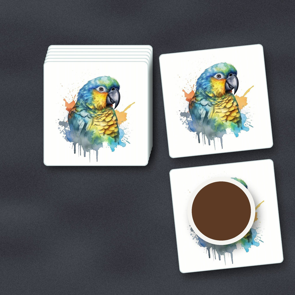 Watercolour Parrot square glass coasters stacked on a slate kitchen worktop